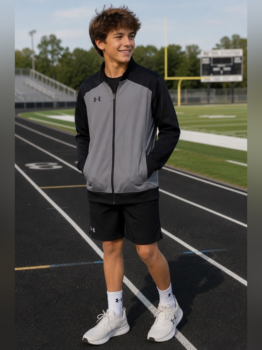 Under Armour Zip Up Sweatshirt Boys Black and Gray Athletic Jacket Youth XL